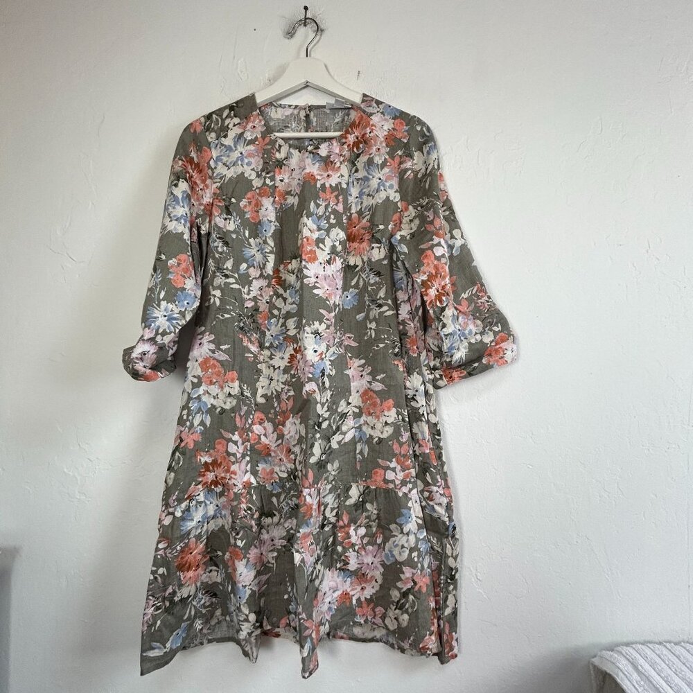 J.Jill Love Linen Caraway Floral Dress Small Petite Green 3/4 Sleeve A-Line